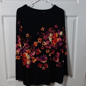 Susan Graver Black Top with Vibrant Floral Design